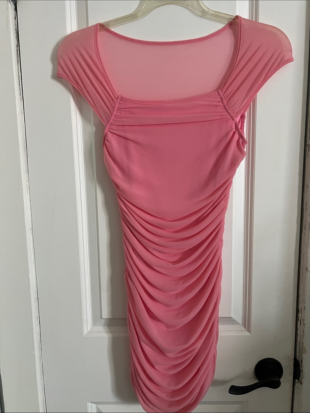 Women's Ruched Pink Sheer-Yoke Dress